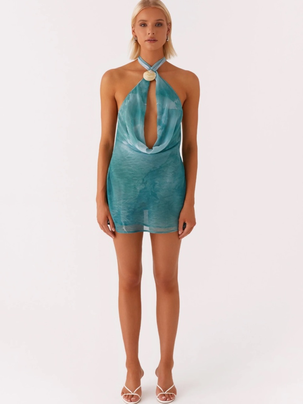 Princess Polly Teal Halter Mesh Mini Dress with Shell Ring